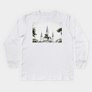 Andrew Jackson Statue and St Louis Cathedral New Orleans Kids Long Sleeve T-Shirt